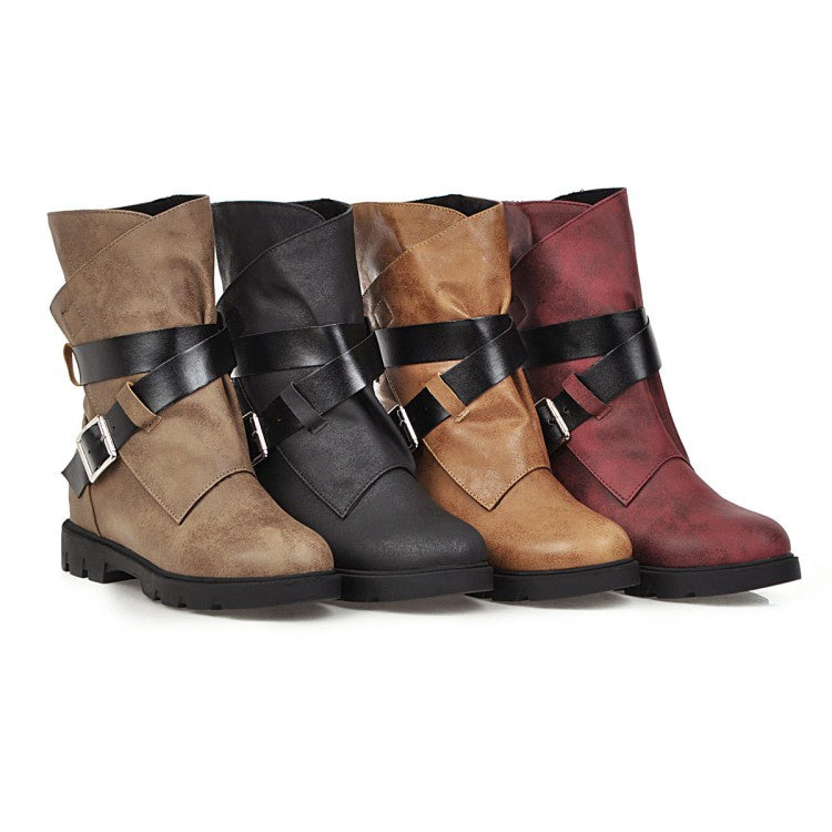 Buckle Belt Mid Calf Bots Woman Shoes