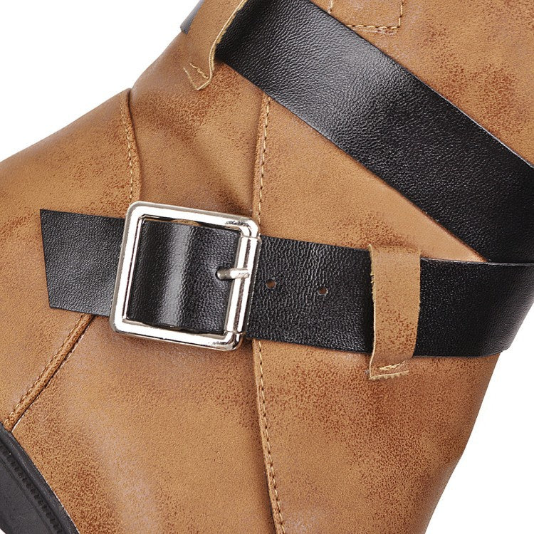 Buckle Belt Mid Calf Bots Woman Shoes