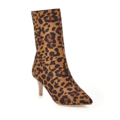 Leopard Printed Mid Calf Bots Woman Shoes