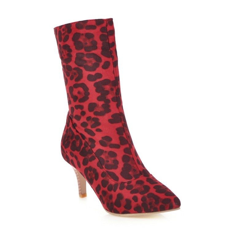 Leopard Printed Mid Calf Bots Woman Shoes