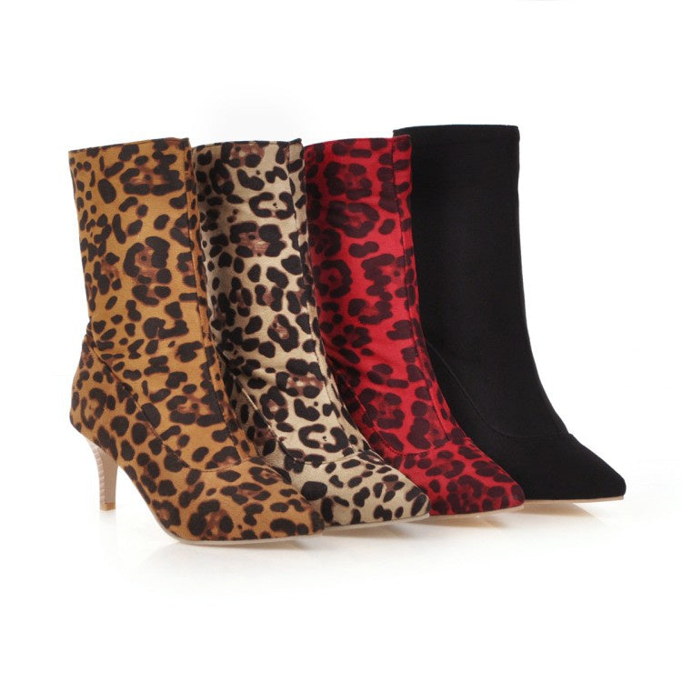 Leopard Printed Mid Calf Bots Woman Shoes