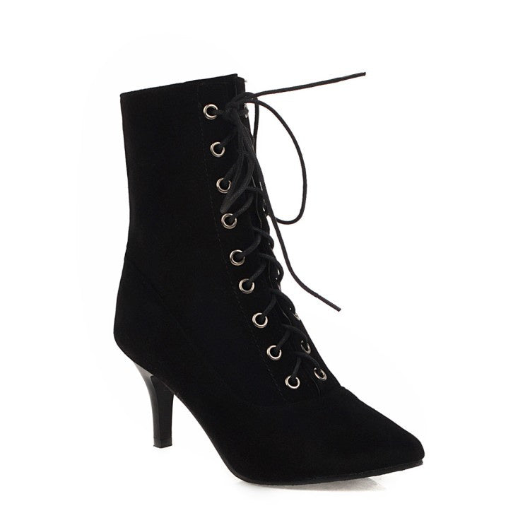 Pointed Toe Lace Up Women's High Heeled Ankle Boots