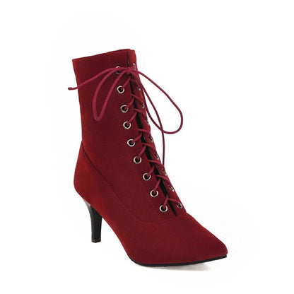 Pointed Toe Lace Up Women's High Heeled Ankle Boots