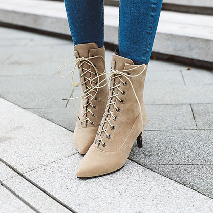 Pointed Toe Lace Up Women's High Heeled Ankle Boots