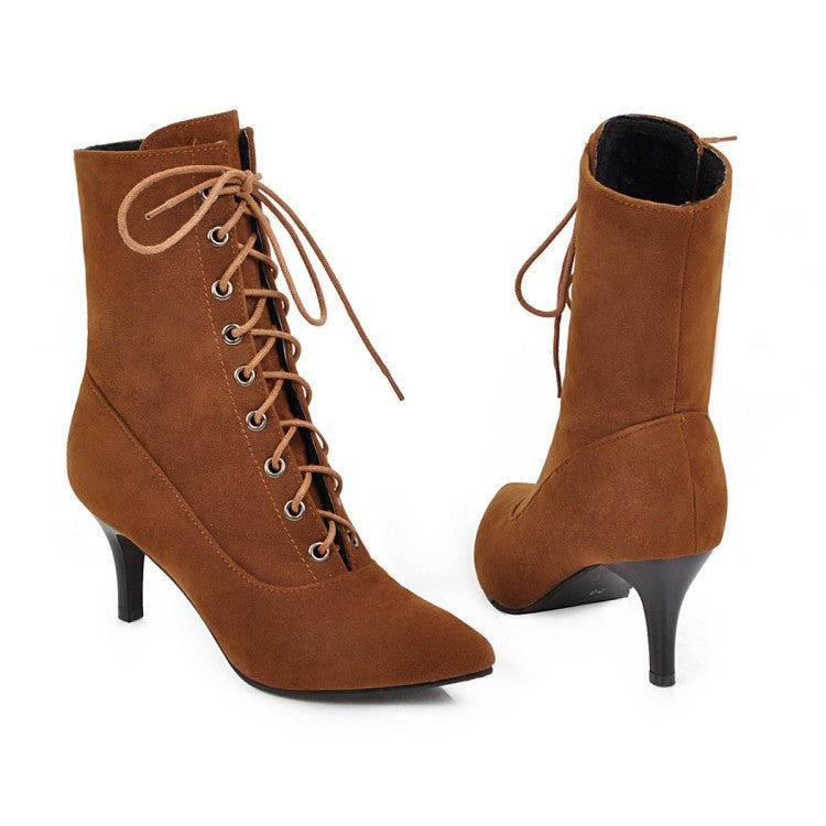 Pointed Toe Lace Up Women's High Heeled Ankle Boots