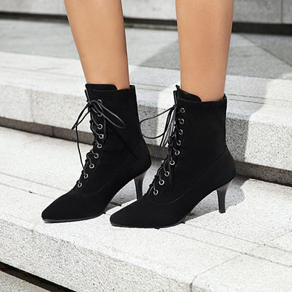 Pointed Toe Lace Up Women's High Heeled Ankle Boots