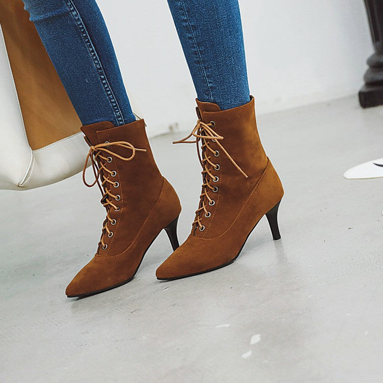 Pointed Toe Lace Up Women's High Heeled Ankle Boots