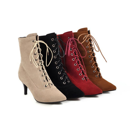 Pointed Toe Lace Up Women's High Heeled Ankle Boots