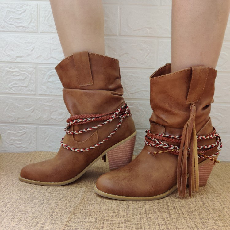 Tassel Chunky Heeled Mid Calf Bots Woman Shoes