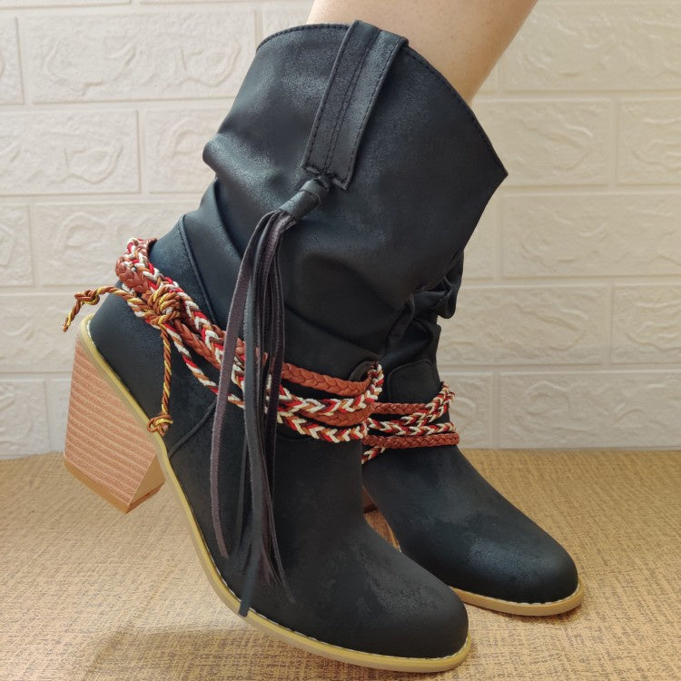 Tassel Chunky Heeled Mid Calf Bots Woman Shoes