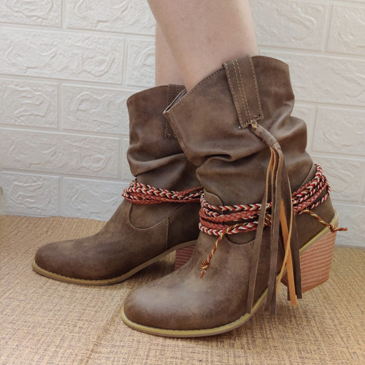 Tassel Chunky Heeled Mid Calf Bots Woman Shoes