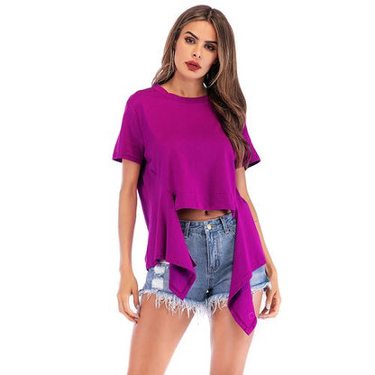 Cross-knotted Round Neck Short Sleeve T Shirt Loose Irregular Top Women T Shirts