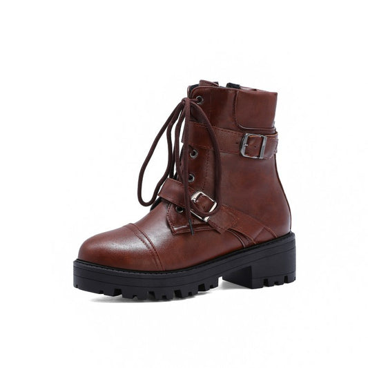 Women's Lace Up Buckle Belt Short Boots Shoes Woman