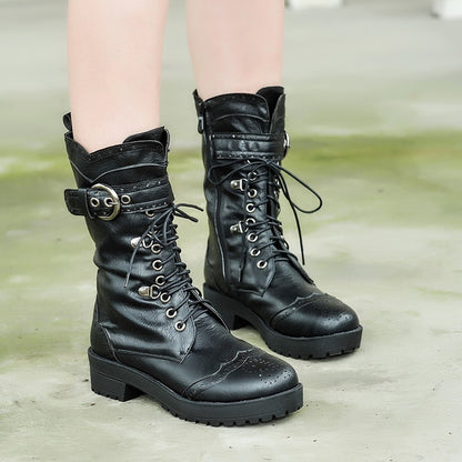 Women's Lace Up Mid Calf Knight Boots Shoes Woman