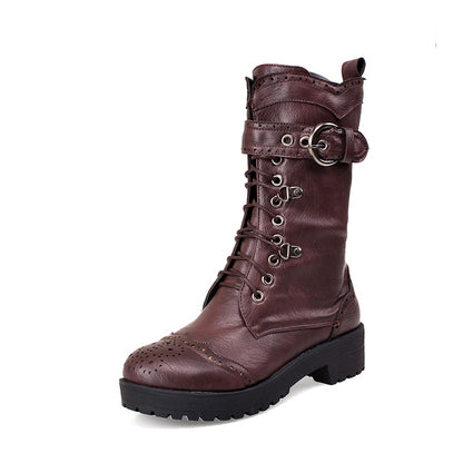 Women's Lace Up Mid Calf Knight Boots Shoes Woman