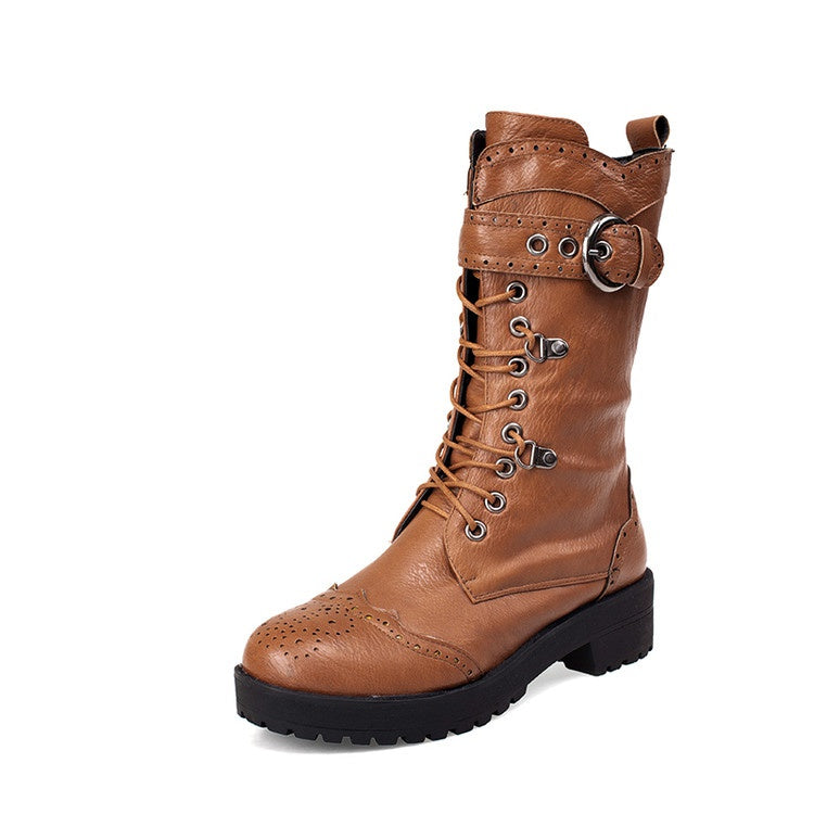 Women's Lace Up Mid Calf Knight Boots Shoes Woman