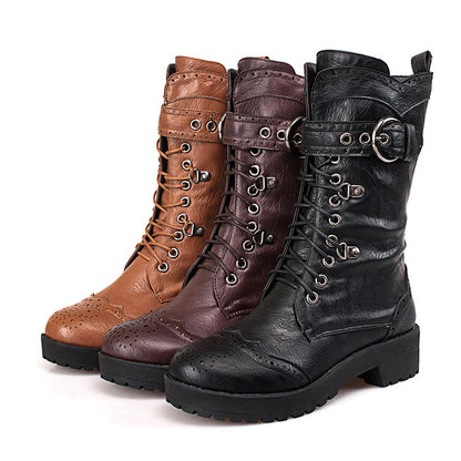 Women's Lace Up Mid Calf Knight Boots Shoes Woman