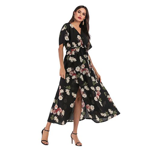 Chiffon Long Skirt Black Causual Print Beam Waist Large Swing Skirt Women Dresses