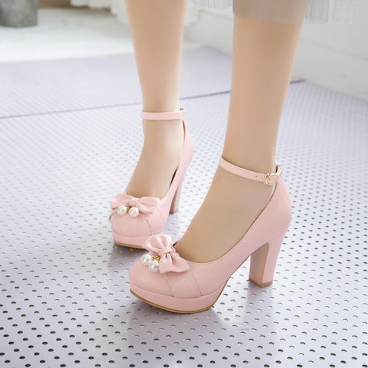 Women Bow Pearl High Heels Platform Pumps