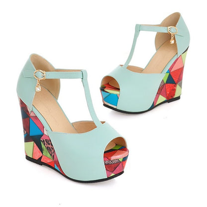 Women T Strap Platform Wedges High Heel Sandals