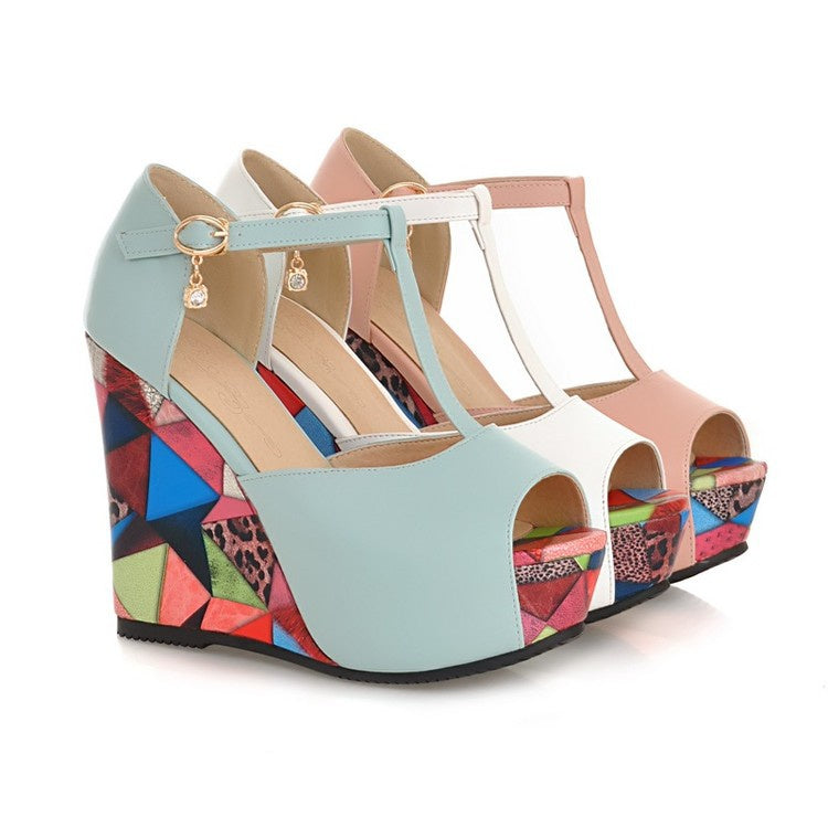 Women T Strap Platform Wedges High Heel Sandals