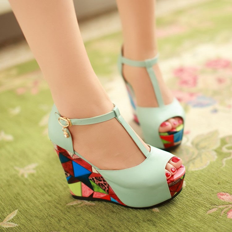 Women T Strap Platform Wedges High Heel Sandals