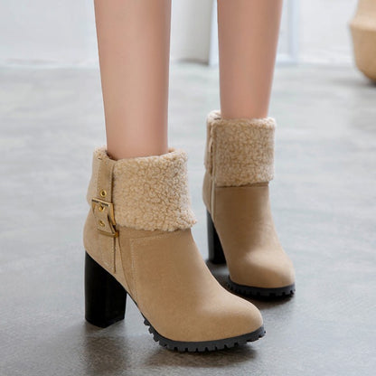 Women Buckle Wool High Heel Ankle Boots