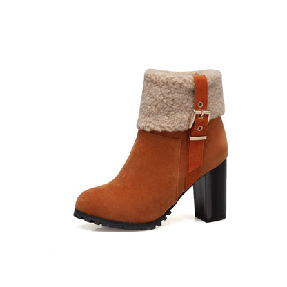 Women Buckle Wool High Heel Ankle Boots