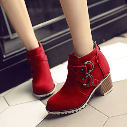 Women Buckle Block High Heel Ankle Boots