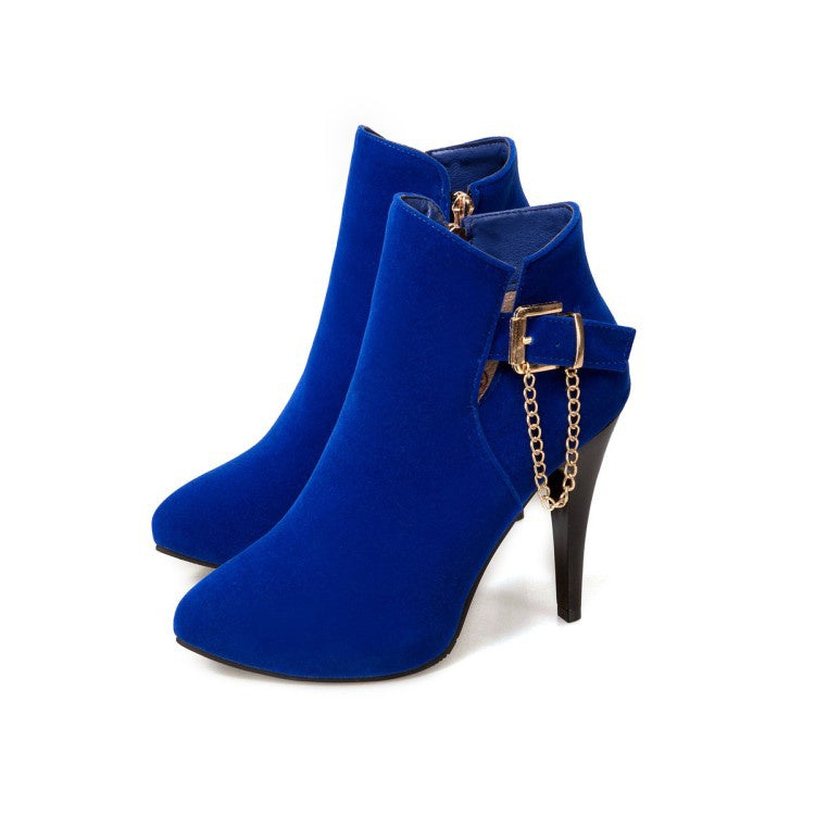 Women Pointed Toe Chains High Heel Ankle Boots