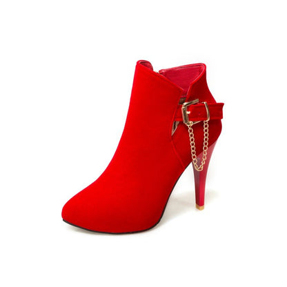 Women Pointed Toe Chains High Heel Ankle Boots