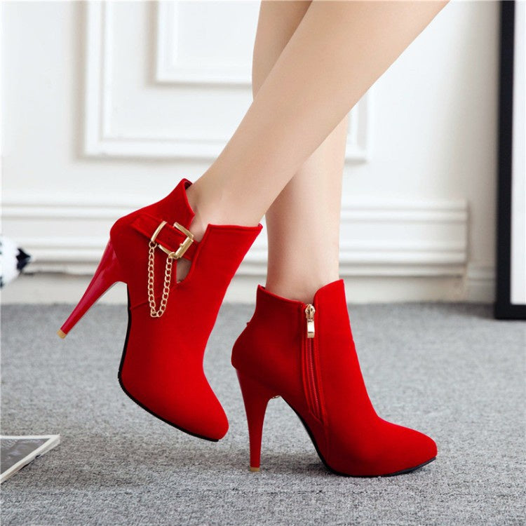 Women Pointed Toe Chains High Heel Ankle Boots