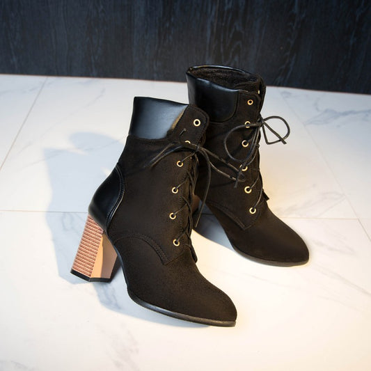 Women Lace Up Chunky High Heel Ankle Boots