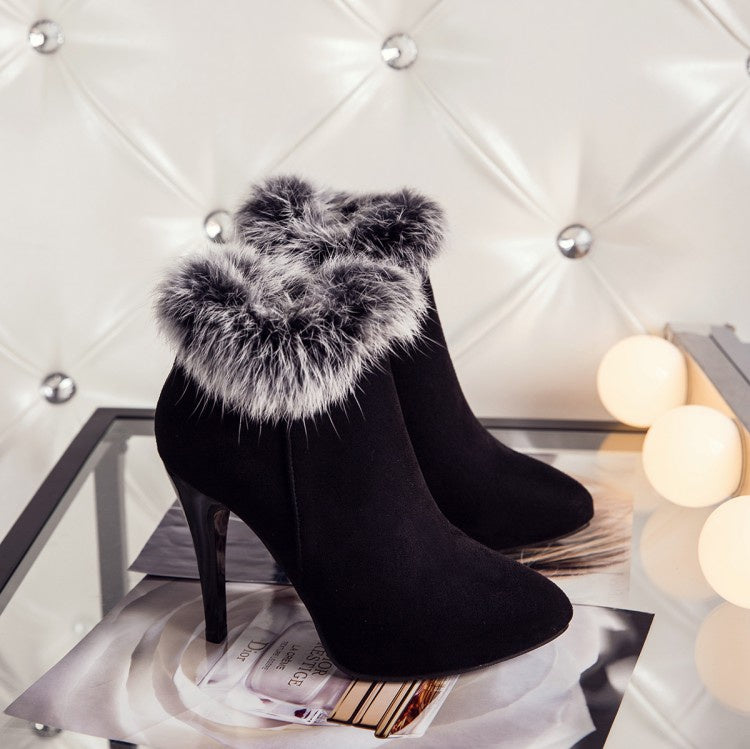 Women Furry Stiletto High Heel Ankle Boots