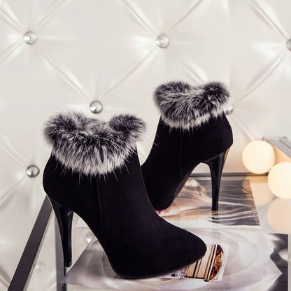 Women Furry Stiletto High Heel Ankle Boots