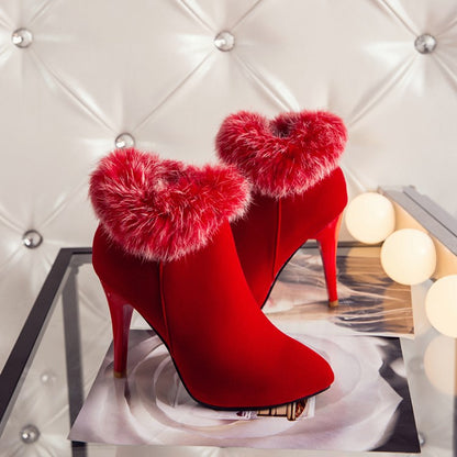 Women Furry Stiletto High Heel Ankle Boots