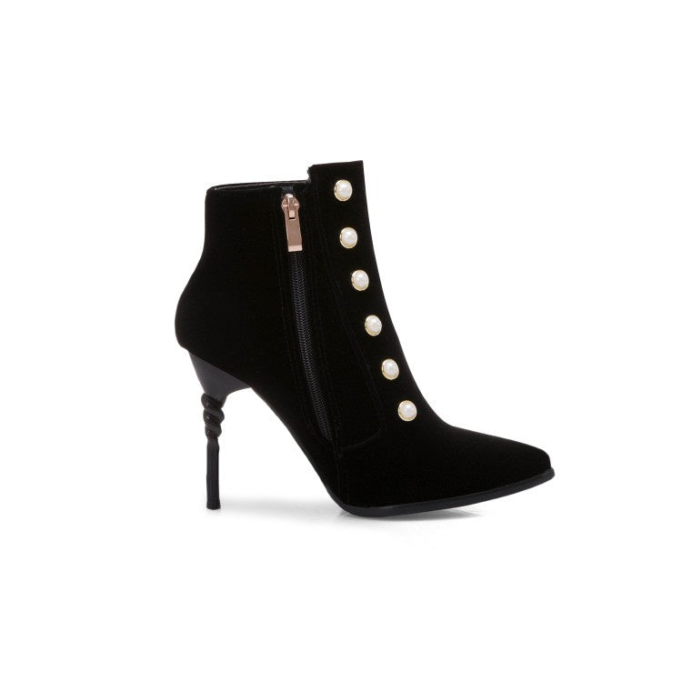 Women Pointed Toe Pearl Stiletto High Heel Ankle Boots