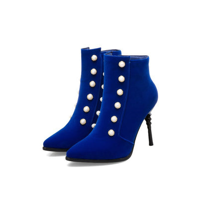 Women Pointed Toe Pearl Stiletto High Heel Ankle Boots