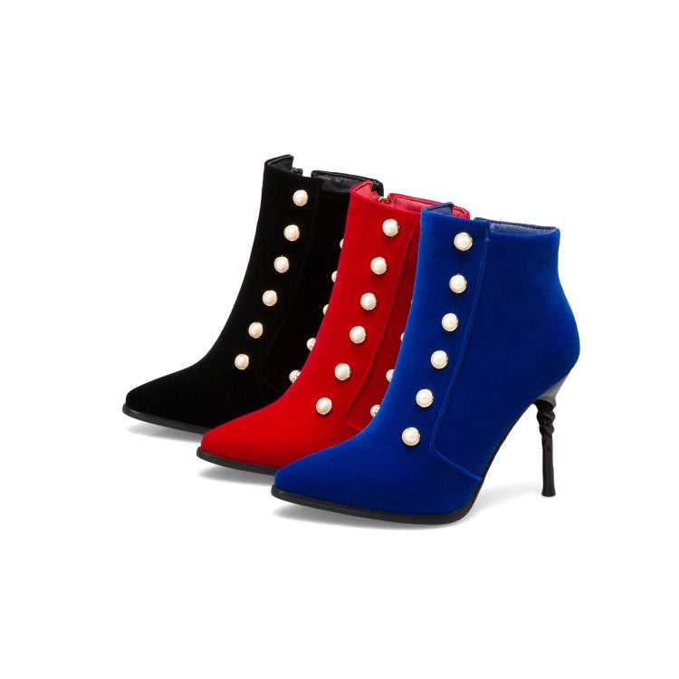 Women Pointed Toe Pearl Stiletto High Heel Ankle Boots