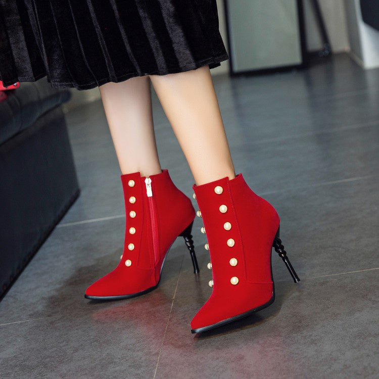 Women Pointed Toe Pearl Stiletto High Heel Ankle Boots