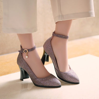 Pointed Toe Sequined Ankle Strap Women Thin High Heels Pumps