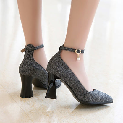 Pointed Toe Sequined Ankle Strap Women Thin High Heels Pumps