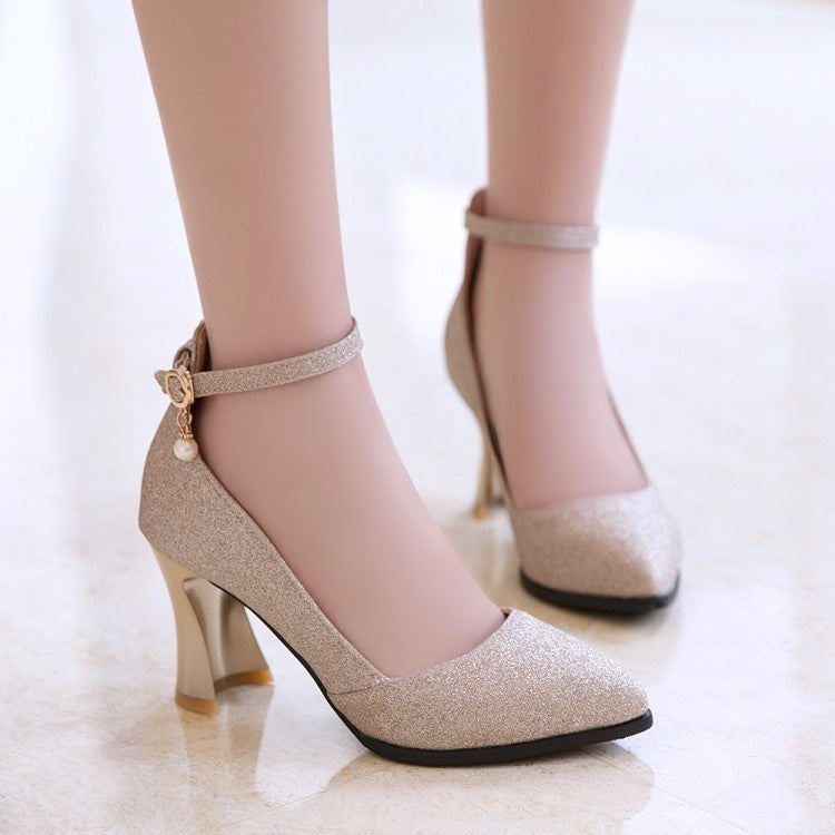 Pointed Toe Sequined Ankle Strap Women Thin High Heels Pumps