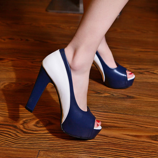 Women Peep Toe High Heels Chunky Heeled Pumps