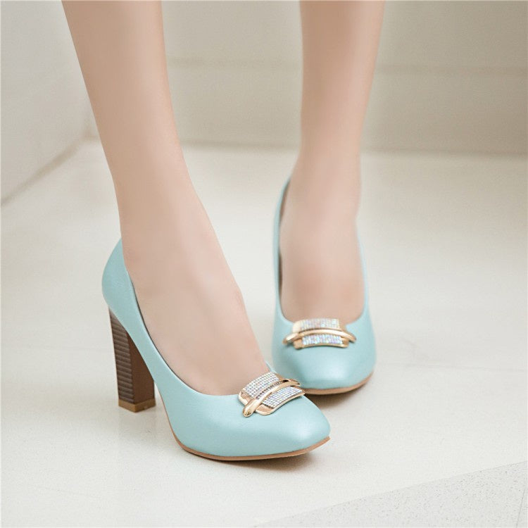 Women Rhinestone High Heels Block Pumps