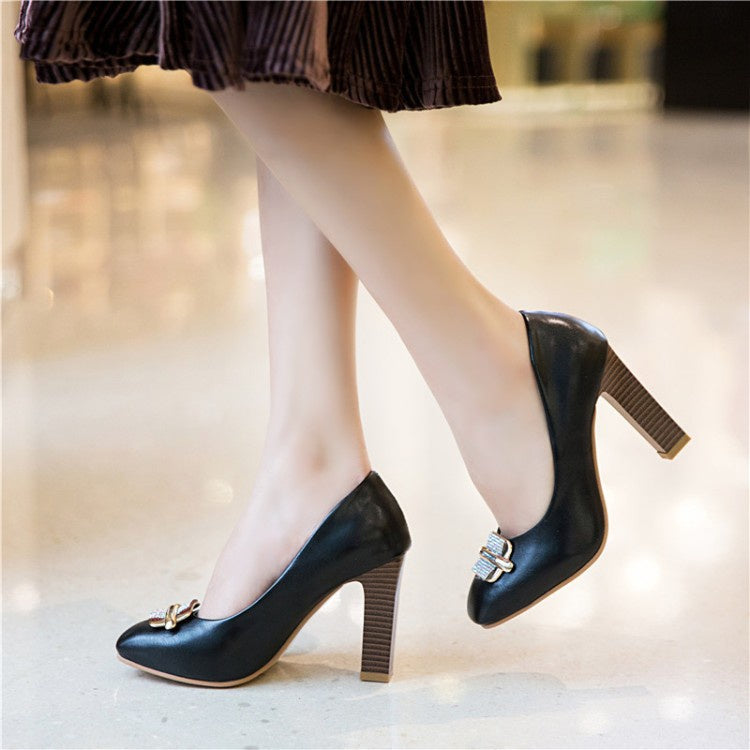 Women Rhinestone High Heels Block Pumps