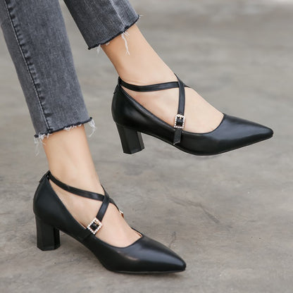 Women Pointed Toe Buckle High Heel Chunky Pumps