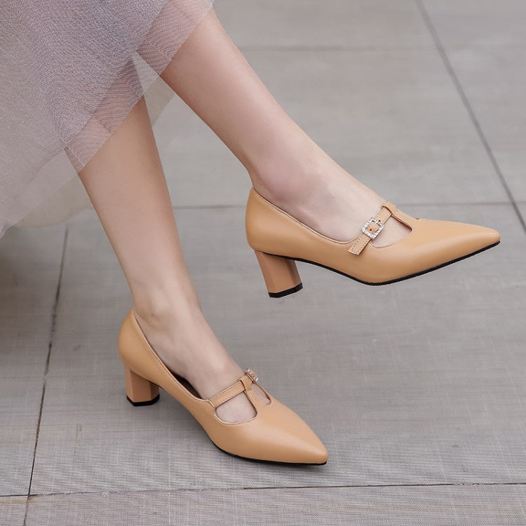 Women Pointed Toe Buckle High Heel Chunky Pumps