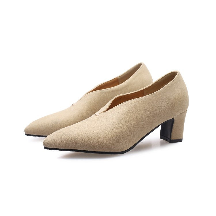 Women Pointed Toe Suede High Heel Chunky Pumps