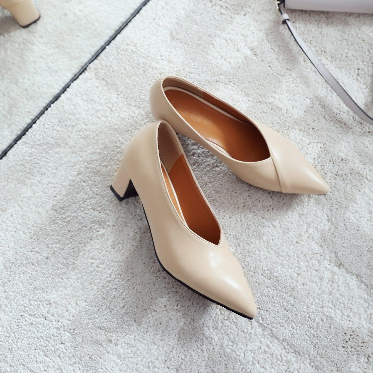 Women Pointed Toe High Heel Chunky Pumps